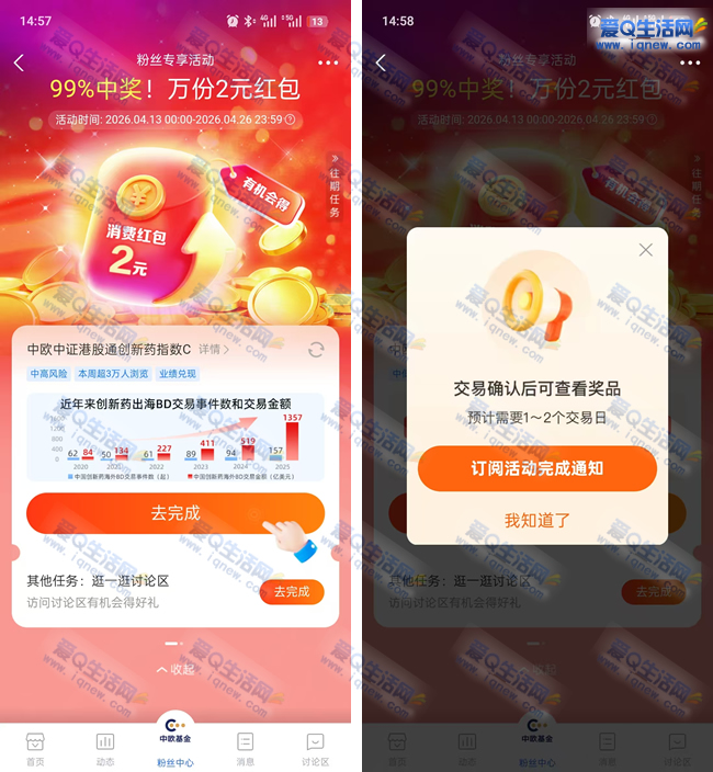 中欧基金支付宝红包:完成任务领2元消费券_趣客盟