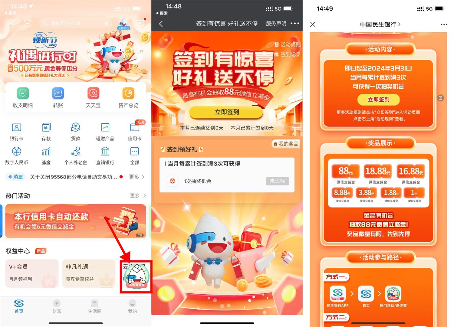 民生签到3天抽1~88元立减金-趣酷猫资源网