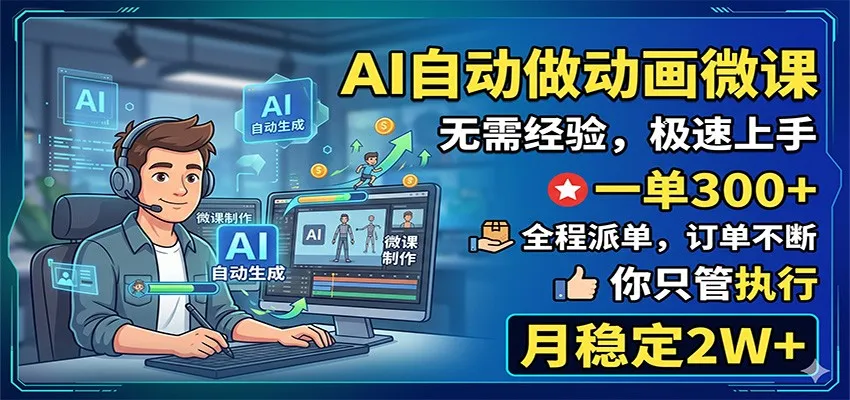 AI自动做动画微课，一单300+，全程派单，你只管执行，月稳定2W+_趣客盟