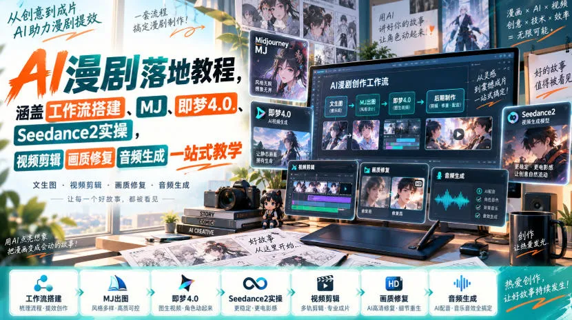 AI漫剧制作全攻略:从工作流搭建到画质修复,MJ、即梦4.0、Seedance2实操教程,视频剪辑+音频生成一站式学习指南 - 趣客盟