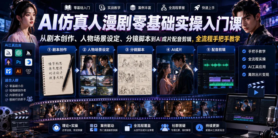 AI仿真人漫剧零基础实操入门课，从剧本创作、人物场景设定、分镜脚本到AI成片配音剪辑，全流程手把手教学_趣客盟