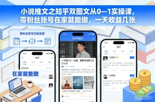 小说推文之知乎双图文从0—1实操课，零粉丝账号在家就能做，一天收益几张-趣酷猫资源网