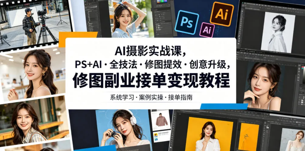 AI摄影实战课，PS+AI・全技法・修图提效・创意升级，修图副业接单变现教程_趣客盟