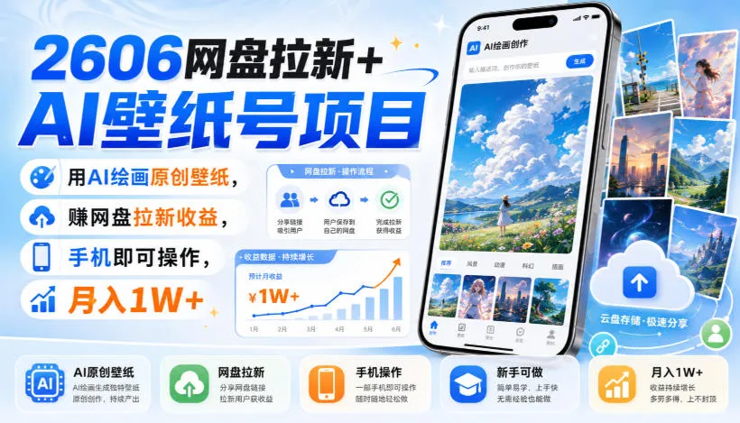 2606网盘拉新AI壁纸项目,AI绘画原创壁纸赚收益,手机操作月入过万 - 趣客盟