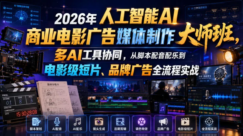 2026 AI商业电影广告制作大师班：多工具协同实战，从脚本到电影级短片与品牌广告全流程（中英字幕）_趣客盟