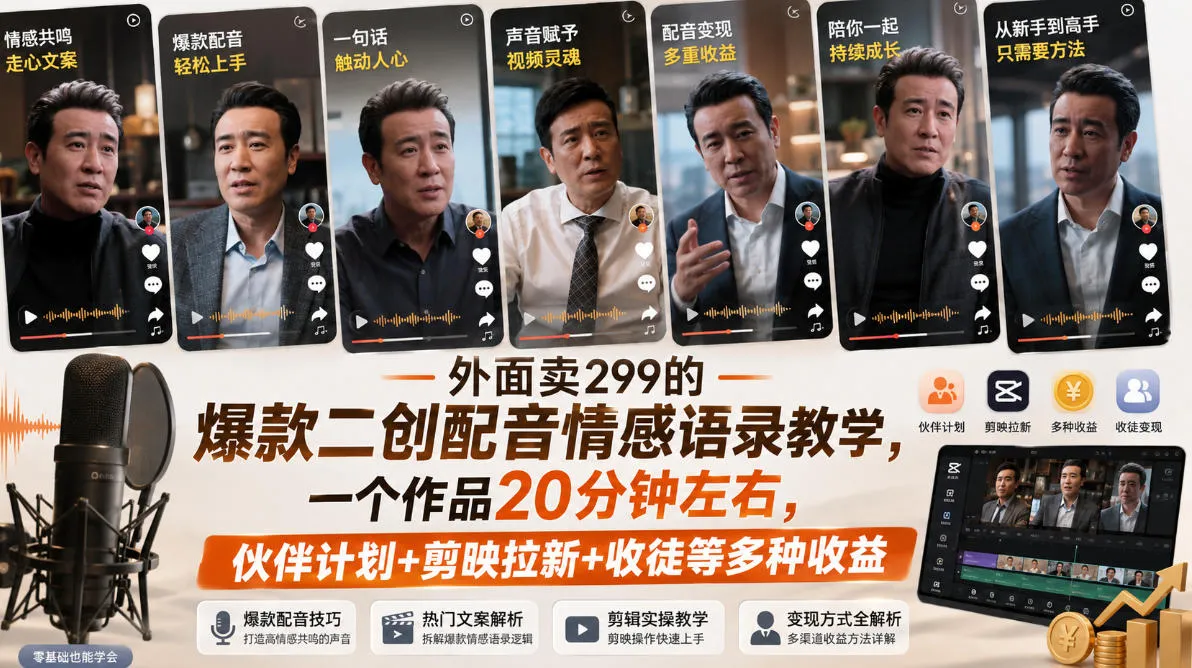 外面卖299的爆款二创配音情感语录教学,一个作品20分钟左右,伙伴计划+剪映拉新+收徒等多种收益 - 趣客盟
