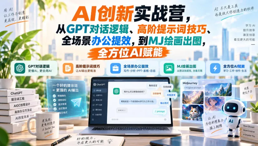 AI创新实战营,从GPT对话逻辑、高阶提示词技巧、全场景办公提效,到MJ绘画出图,全方位AI赋能 AI创新实战营,从GPT对话逻辑、高阶提示词技巧、全场景办公提效,到MJ绘画出图,全方位AI赋能