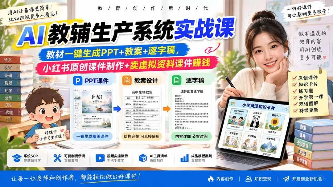 AI教辅制作神器实战课：一键生成PPT、教案、逐字稿，小红书原创课件制作指南，轻松卖虚拟资料课件赚收益 - 趣客盟
