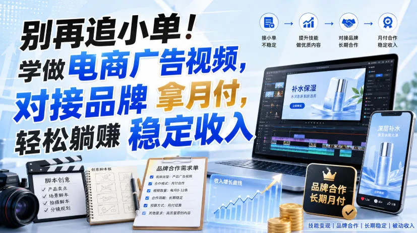 “电商广告视频制作攻略：对接品牌月付合作，告别小单，实现稳定高收入【独家双语字幕】” - 趣客盟