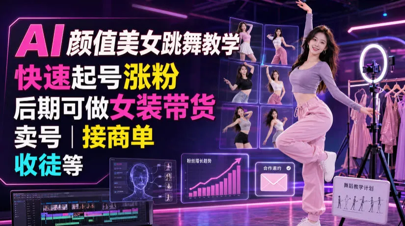 AI美女舞蹈教程：快速走红增粉，女装带货、账号出售、接商单、收徒多渠道盈利_趣客盟
