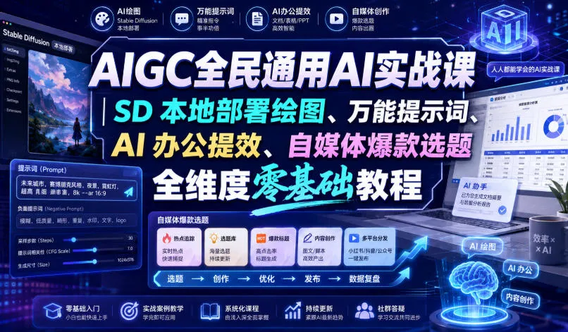 AIGC实战课程：SD本地绘图教学、万能提示词应用、AI办公高效指南 & 自媒体爆款选题创作教程（零基础入门） - 趣客盟