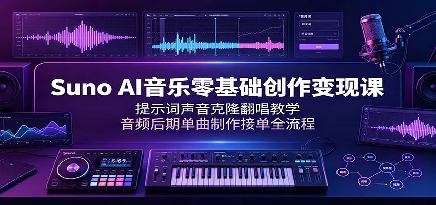Suno AI音乐创作课程:零基础学会提示词声音克隆、翻唱技巧及音频后期,掌握单曲制作与接单全流程_趣客盟