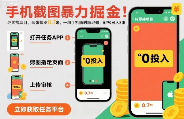 手机截图暴力掘金，两张截图0.7米，一部手机就能做，轻松日入3张【揭秘】-趣酷猫资源网