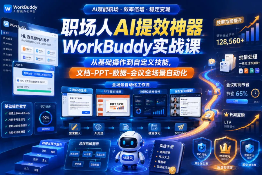 职场人AI提效神器WorkBuddy实战课，从基础操作到自定义技能，文档-PPT-数据-会议全场景自动化_趣客盟