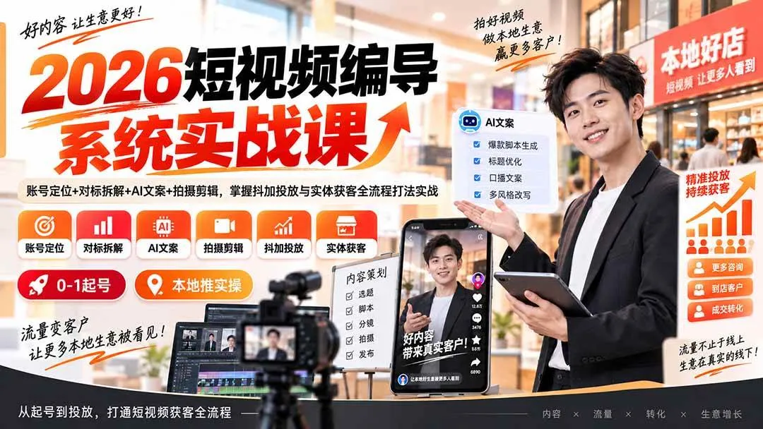 (20305期)2026短视频编导系统实战课:账号定位+对标拆解+AI文案+拍摄剪辑,掌握抖加投放与实体获客全流程打法实战 (20305期)2026短视频编导系统实战课:账号定位+对标拆解+AI文案+拍摄剪辑,掌握抖加投放与实体获客全流程打法实战