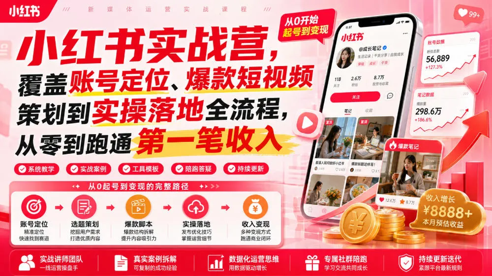 小红书实战营：一站式账号定位+爆款短视频策划+实操落地，从零基础到实现首单盈利全攻略_趣客盟