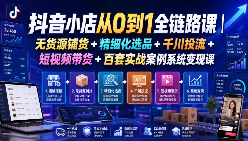 抖音小店无货源全链路优化课｜精细化选品+千川投流+短视频带货+实战案例变现系统（2026年7月全新更新）_趣客盟