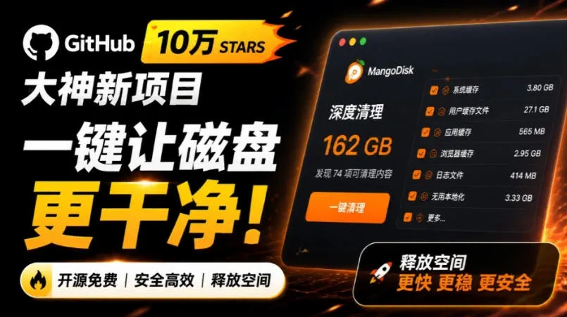 GitHub 10万Star大神新力作！MangoDisk开源免费磁盘清理工具，一键优化磁盘空间 - 趣客盟