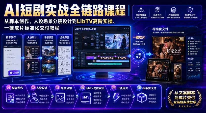 AI短剧实战全链路课程|从脚本创作、人设场景分镜设计到LibTV高阶实操、一键成片标准化交付教程 AI短剧实战全链路课程|从脚本创作、人设场景分镜设计到LibTV高阶实操、一键成片标准化交付教程