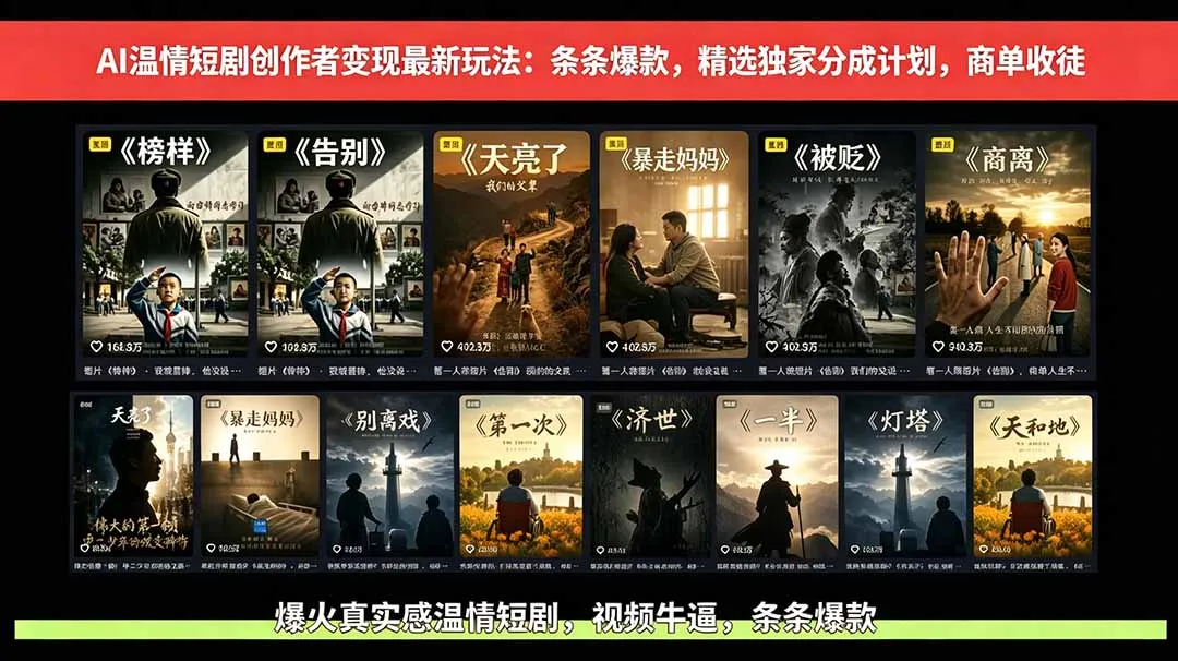 AI温情短剧创作者变现最新玩法：视频牛逼，条条爆款，精选独家分成计划，商单收徒_趣客盟