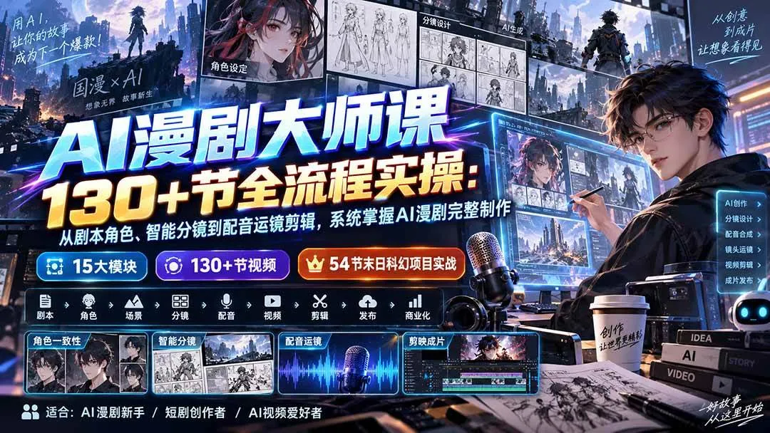 （20326期）AI漫剧大师课130+节全流程实操：从剧本角色、智能分镜到配音运镜剪辑，系统掌握AI漫剧完整制作