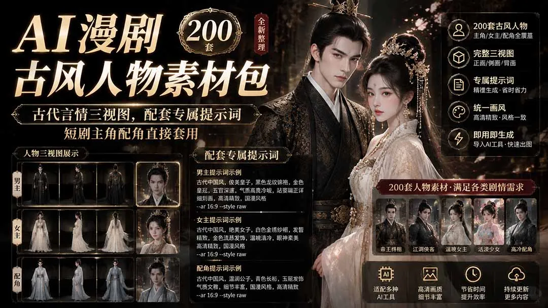 AI古风漫剧人物素材包+提示词 | 200套古代言情三视图素材,含独家提示词,主角配角一键使用 - 趣客盟