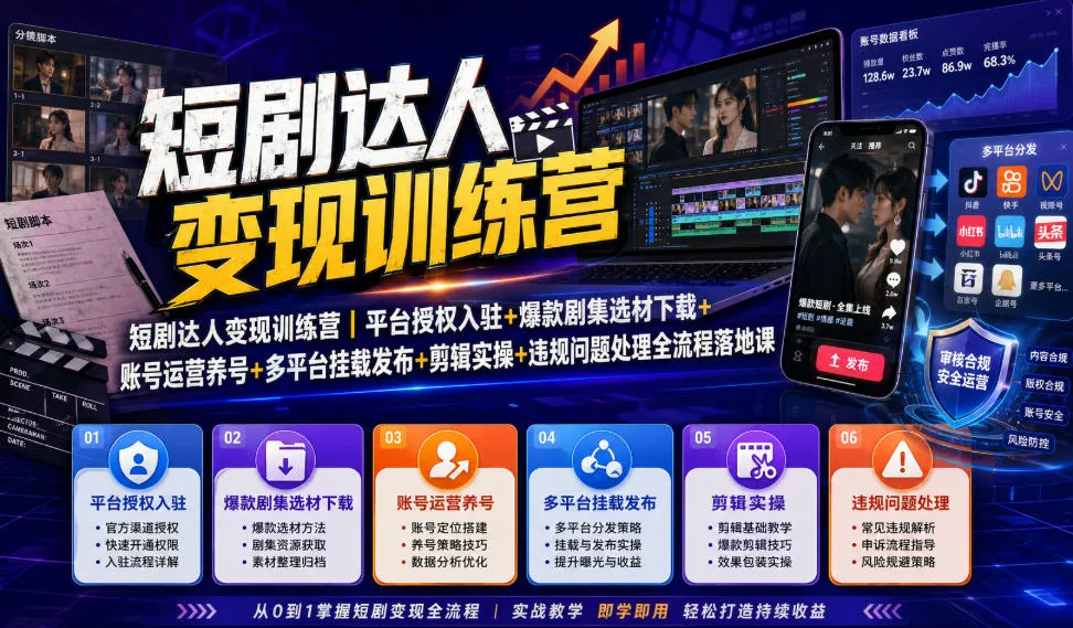 短剧达人变现训练营：全流程实战课 | 平台入驻+爆款剧集选材+账号运营+多平台发布+剪辑技巧+违规处理教程_趣客盟