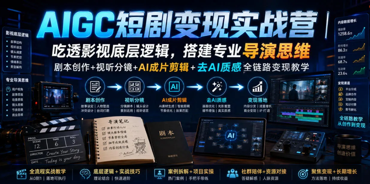 AIGC短剧实战训练营：影视逻辑精解、导演思维构建、剧本创作+分镜设计+AI剪辑全流程教学与变现技巧_趣客盟