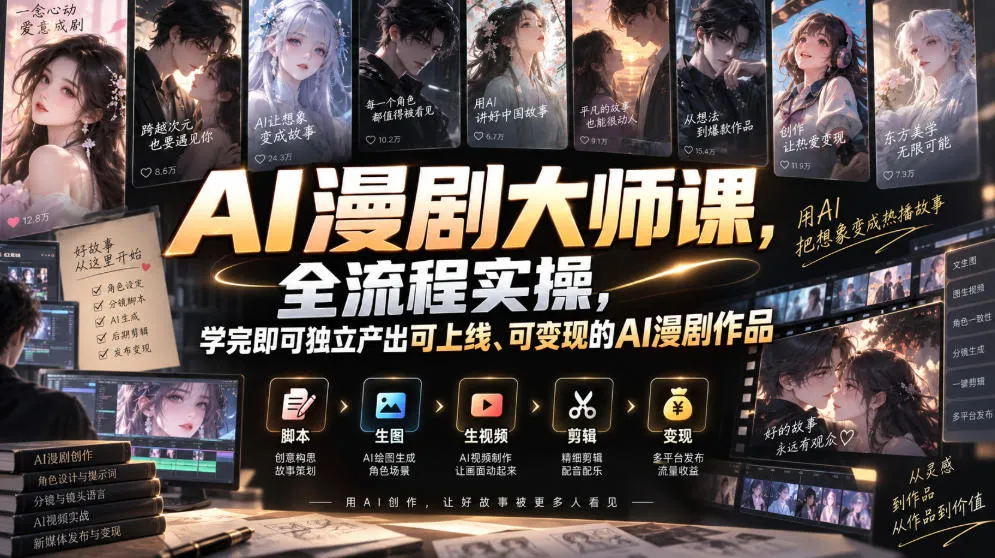 AI漫剧大师课,全流程实操,学完即可独立产出可上线、可变现的AI漫剧作品