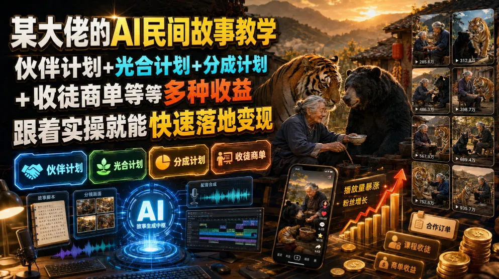 AI实战变现攻略：大佬AI故事教学，涵盖伙伴计划、光合计划、分成计划、收徒商单，实操学习快速盈利_趣客盟