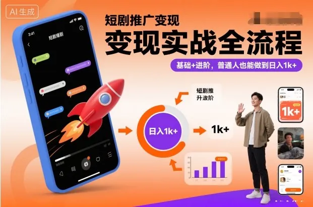 短剧推广变现实战全流程，基础+进阶，普通人也能做到日入1k+-趣酷猫资源网