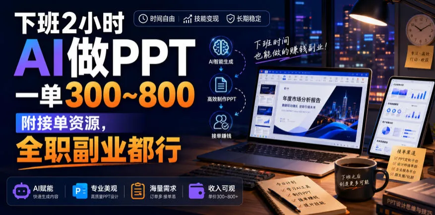下班2小时AI做PPT,一单300~800,附接单资源,全职副业都行【揭秘】 下班2小时AI做PPT,一单300~800,附接单资源,全职副业都行【揭秘】
