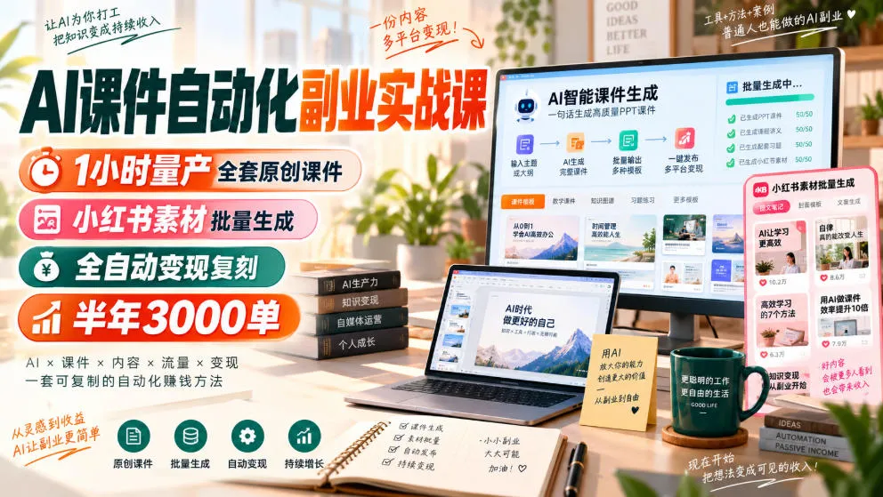 AI课件自动化副业实战课,1小时量产全套原创课件,小红书素材批量生成,全自动变现复刻,半年3000单