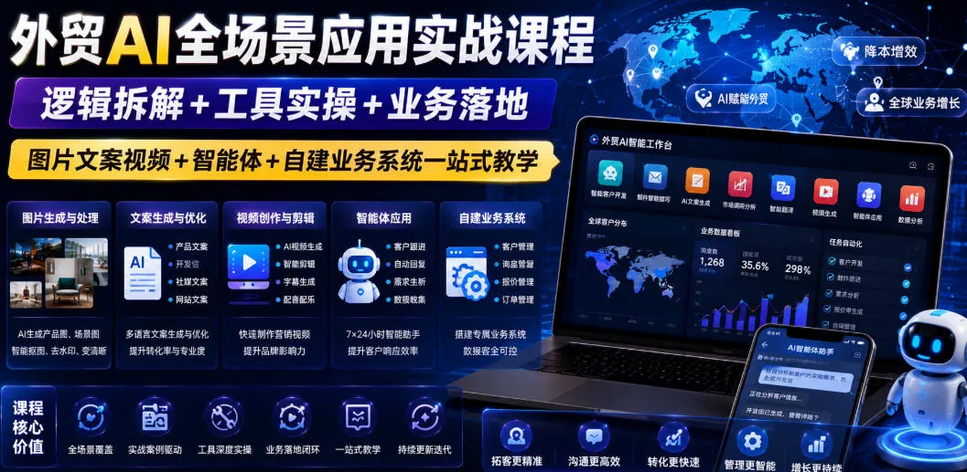 外贸AI全场景应用实战教程：逻辑解析+工具实操+业务转化，集成图片文案视频、智能助手与自建系统一站式学习指南_趣客盟