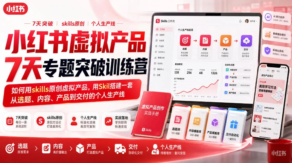 小红书爆款打造：7天技能提升训练营，原创虚拟产品制作流程，Skil平台全链路构建个人生产线攻略 - 趣客盟