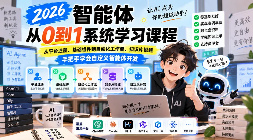 2026智能体从0到1系统学习课程,从平台注册、基础组件到自动化工作流、知识库搭建,手把手学会自定义智能体开发 2026智能体从0到1系统学习课程,从平台注册、基础组件到自动化工作流、知识库搭建,手把手学会自定义智能体开发