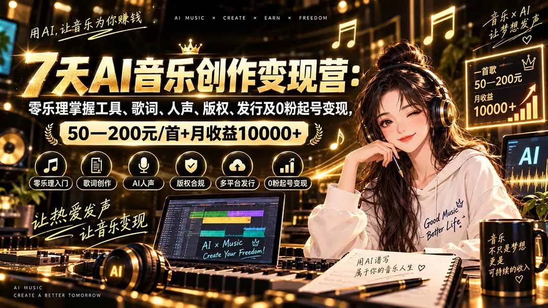 【AI音乐创作】零基础变现课程:掌握音乐制作、歌词创作、人声录制、版权处理、发行推广,从零粉丝起步,实现每首50-200元收益,月入过万! - 趣客盟