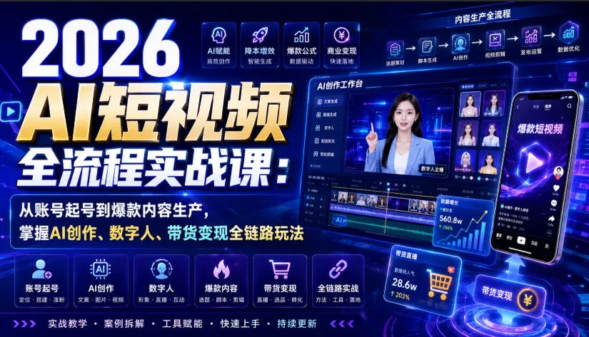 2026年AI短视频制作实战教程：账号搭建至爆款内容，AI创作+数字人+带货盈利全攻略 - 趣客盟