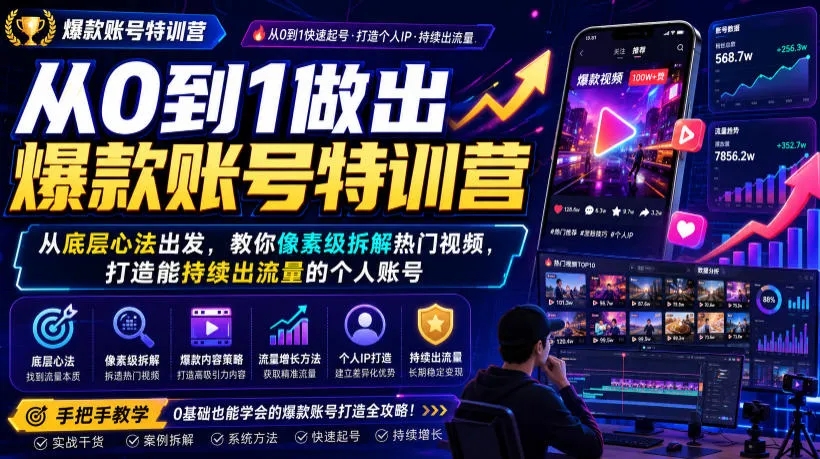 从0到1做出爆款账号特训营,从底层心法出发,教你像素级拆解热门视频,打造能持续出流量的个人账号