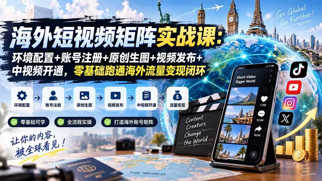 【SEO优化】20470期海外短视频流量变现攻略：从环境配置到账号运营，一步到位！零基础开启中视频创作与发布，打造全链路海外变现矩阵 - 趣客盟