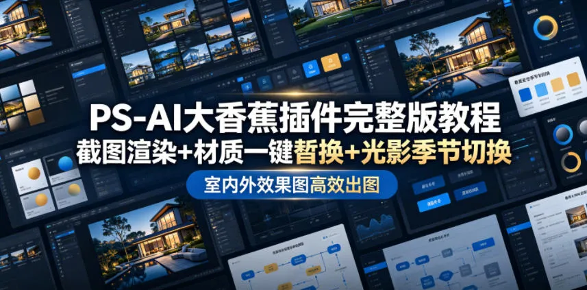 PS-AI大香蕉插件全解析教程：一键截图渲染、材质替换、光影季节变换，室内外效果图高效制作高阶课程_趣客盟