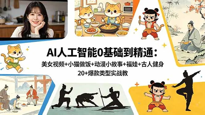 AI人工智能0基础到精通:美女视频+小猫做饭+动漫小故事+福娃+古人健身,20+爆款类型实战教学_趣客盟