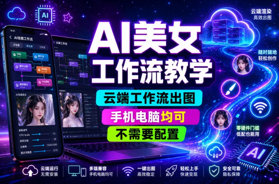 AI美女工作流教学,云端工作流出图,手机电脑均可,不需要配置,快速起号涨粉_趣客盟