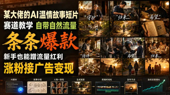 某大佬的AI温情故事短片赛道教学,自带自然流量,条条爆款,新手也能蹭流量红利,涨粉接广告变现 某大佬的AI温情故事短片赛道教学,自带自然流量,条条爆款,新手也能蹭流量红利,涨粉接广告变现