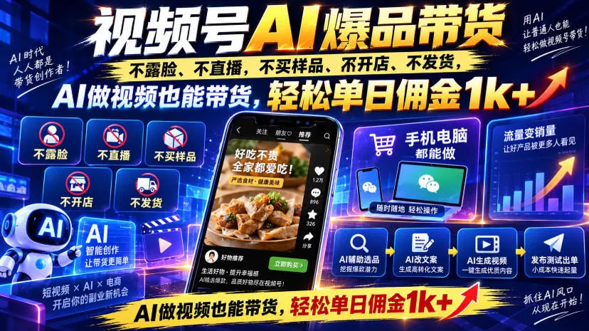 视频号AI自动带货神器:无需露脸、直播,零成本开店,AI视频带货,日赚佣金1000+高效攻略 - 趣客盟