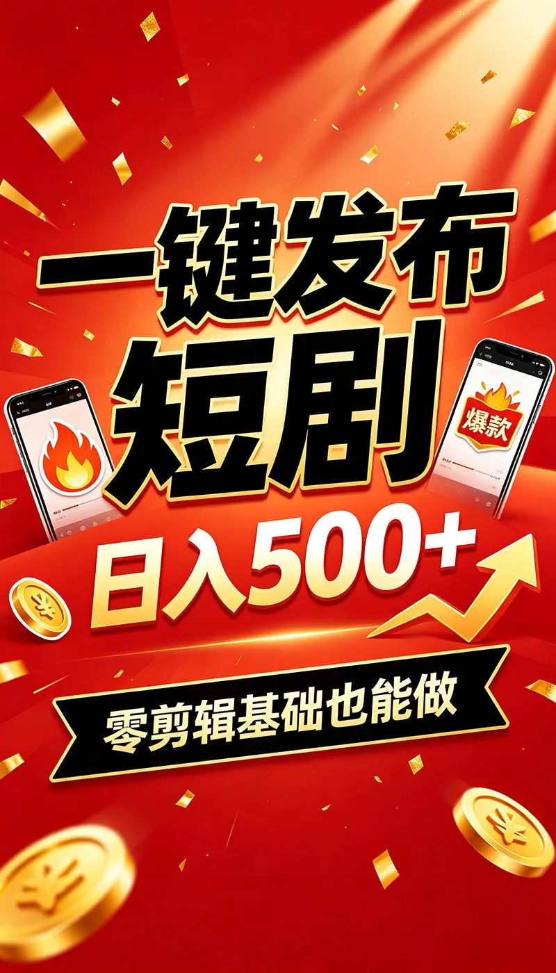 快手短剧一键发布，操作简易剪辑免，副业日赚500+，轻松闲时变收益_趣客盟