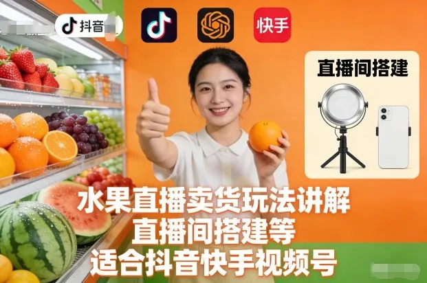 水果直播卖货玩法讲解、直播间搭建等，适合抖音快手视频号-趣酷猫资源网