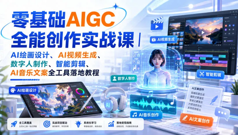 AIGC创作实战课：AI绘画、视频生成、数字人制作、智能剪辑、AI音乐文案全教程，零基础学全工具应用 - 趣客盟