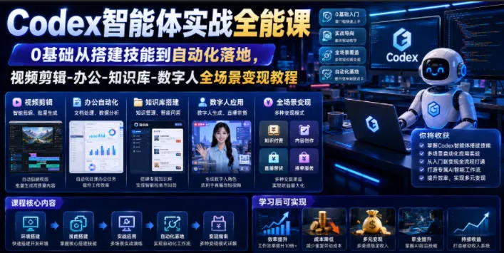 Codex智能体全能实战课程:零基础打造技能,实现办公自动化与全场景数字人变现教程(视频剪辑、知识库、数字人)_趣客盟
