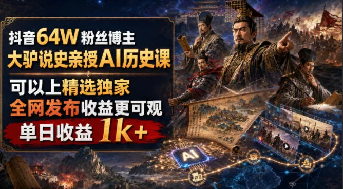 抖音64W粉丝博主大驴说史亲授AI历史课,可以上精选独家,全网发布收益更可观,单日收益1k+(更新)